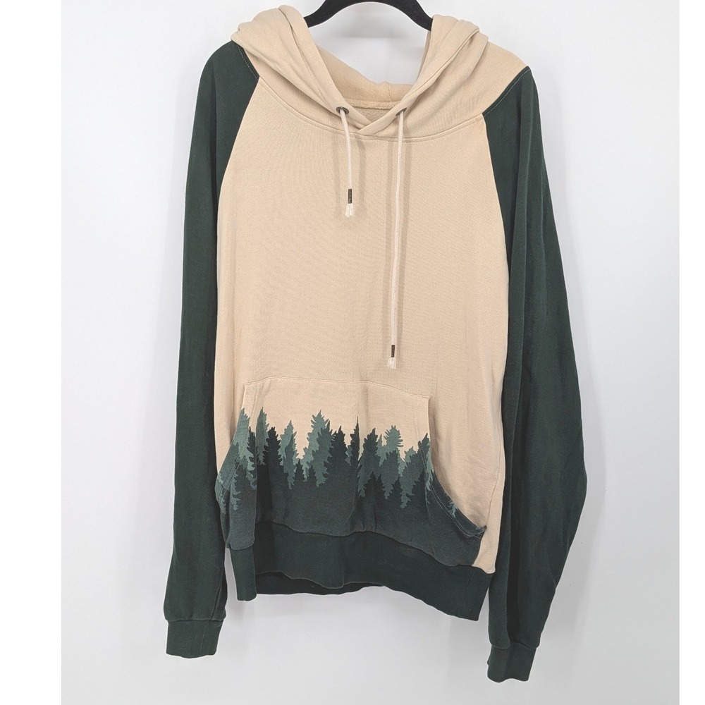 Happy Earth Hoodie Men Large Tan Green Pine Tree Organic Cotton Outdoor Pullover